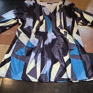 Reborn geometrical pattern blue cream black gray pleated womens size 2X